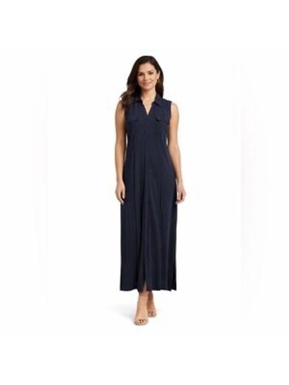 Talbots Navy Sleeveless Full Button-Front Closure Collared Maxi Dress Size S